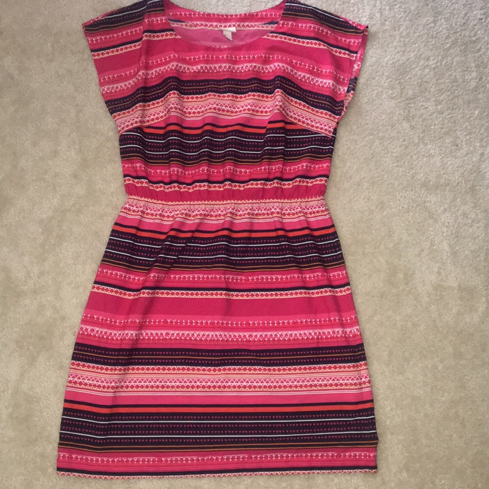 🎉Pink Striped Geometric Print Stretch Waist Dress
